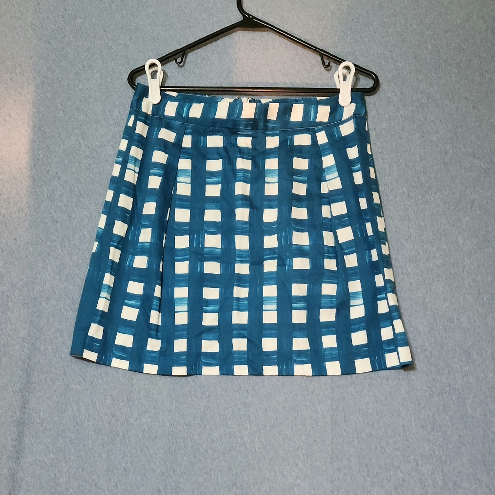 Harvey Faircloth blue white square print mini skirt. Size 8
